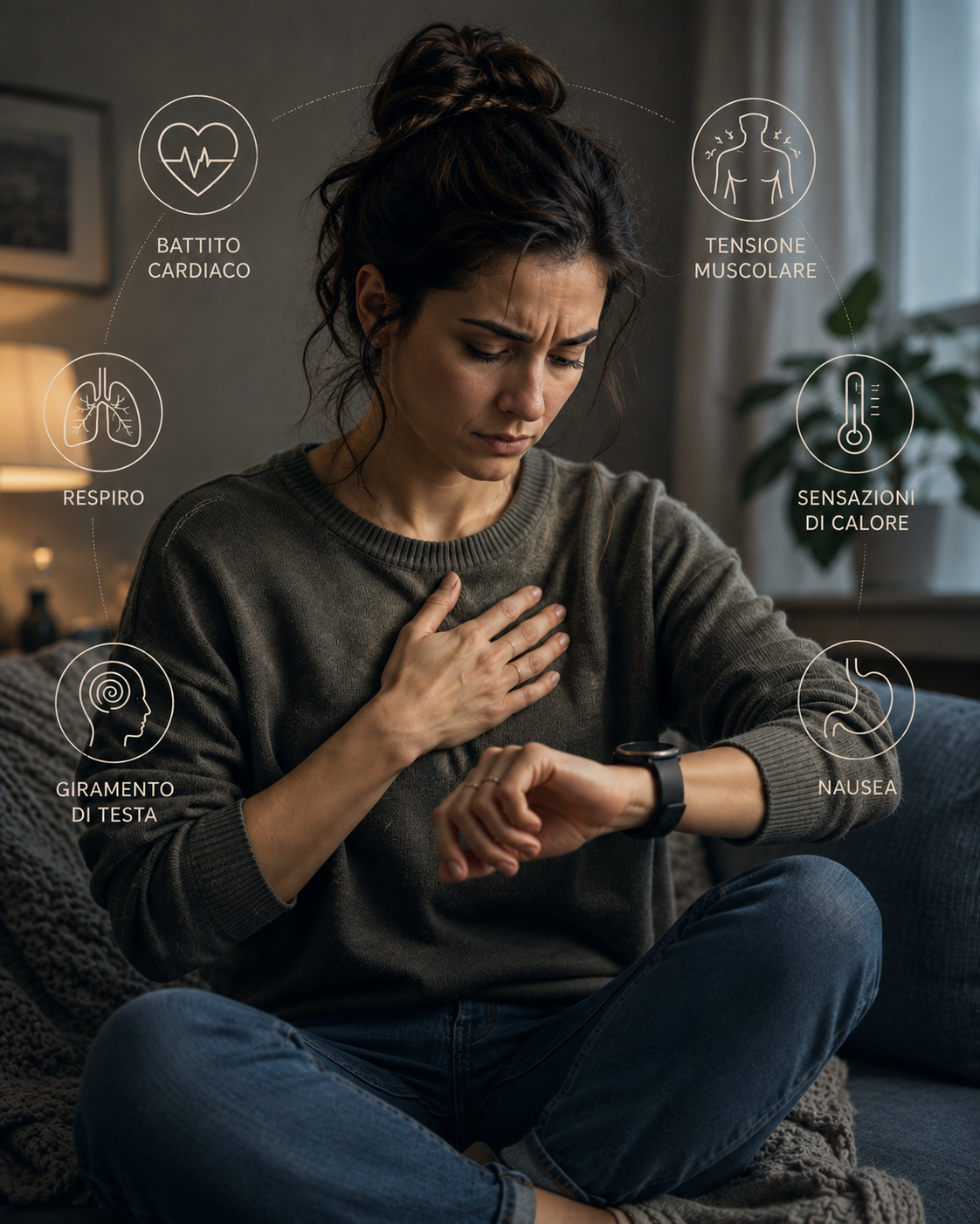 Persona che ascolta e controlla continuamente le proprie sensazioni corporee, rappresentando il rapporto tra ascolto del corpo e ansia.
