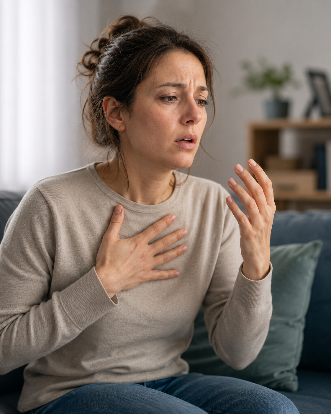 Persona con sensazione di non riuscire a fare un respiro completo mentre cerca ripetutamente di inspirare profondamente.